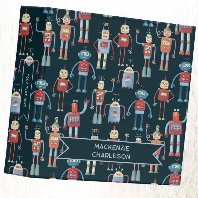 Fun Retro Robot Personalized Name Text Binder (Fun personalized name and text retro robot 3 ring binder)