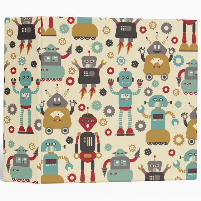 Fun Retro Robots Illustrated Pattern (Cream) Binder (Front/Spine)