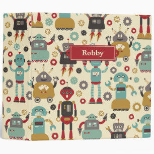 Fun Retro Robots Illustrated Pattern (Cream) Binder