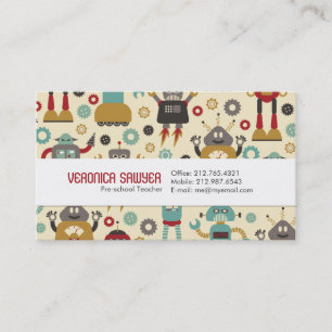 Fun Retro Robots Illustrated Pattern (Cream) Business Card