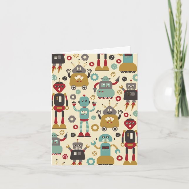 Fun Retro Robots Illustrated Pattern (Cream) Card (Front)