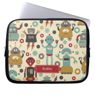Fun Retro Robots Illustrated Pattern (Cream) Laptop Sleeve