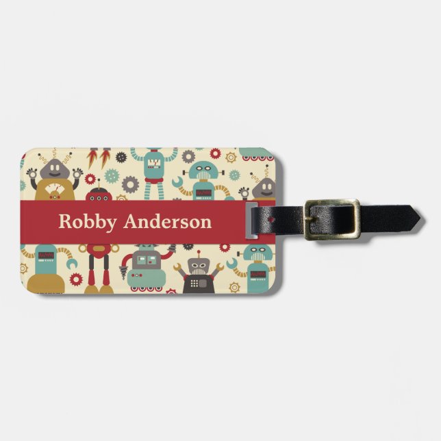 Fun Retro Robots Illustrated Pattern (Cream) Luggage Tag (Front Horizontal)