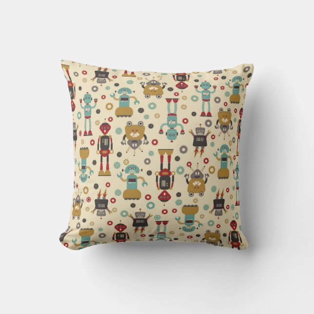 Fun Retro Robots Illustrated Pattern (Cream) Throw Pillow (Front)
