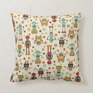 Fun Retro Robots Illustrated Pattern (Cream) Throw Pillow