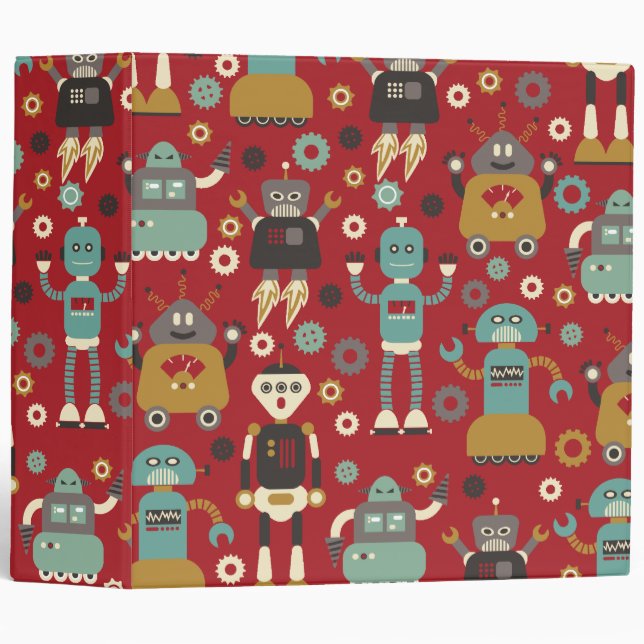Fun Retro Robots Illustrated Pattern (Red) Binder (Front/Spine)