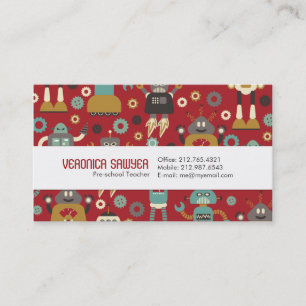 Fun Retro Robots Illustrated Pattern (Red) Business Card