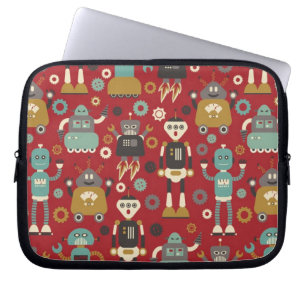 Fun Retro Robots Illustrated Pattern (Red) Laptop Sleeve