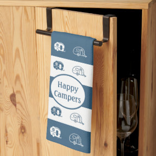 Fun Retro RV Happy Campers in Blue and White Kitchen Towel