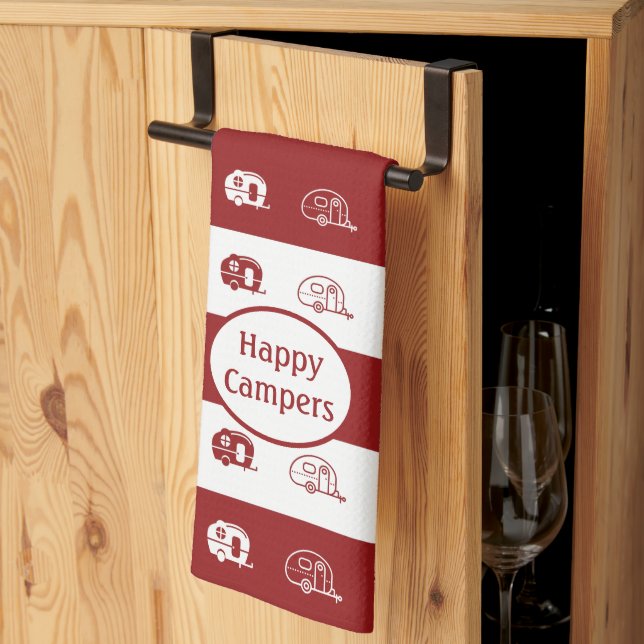 Fun Retro RV Happy Campers in Deep Red and White Kitchen Towel (Thirds Fold)
