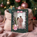 Fun Retro Santa Wavy Pink Ribbon Photo Christmas Foil Holiday Card<br><div class="desc">Embrace the festive spirit with our fun retro vintage wavy Christmas pink ribbon photo Christmas foil card. This delightful card showcases our handpainted charming retro-style watercolor illustrations, including Santa, reindeer, and a Christmas tree, all adorned with playful pink accents. The photo is framed by a beautiful pink retro bow border,...</div>