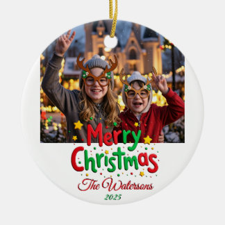 Fun Retro Script Merry Christmas Letterpress Photo Ceramic Ornament