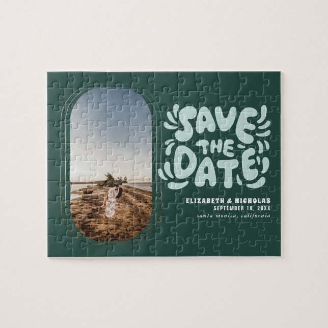 Fun Retro Typography Photo Wedding Save the Date Jigsaw Puzzle (Horizontal)