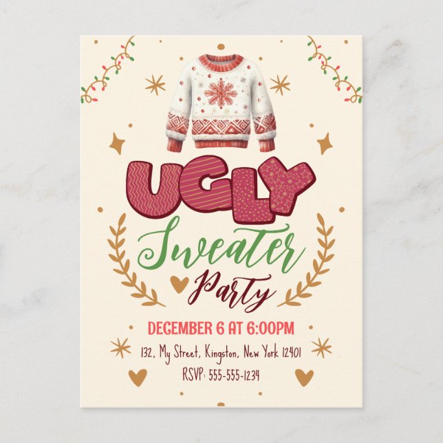 Fun Retro Ugly Sweater Christmas Party Invitation Postcard (Front)