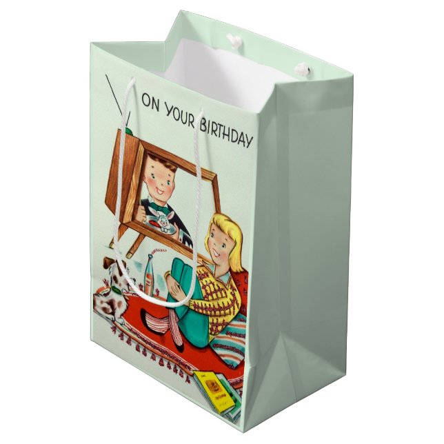 Fun retro vintage Birthday Medium Gift Bag (Front Angled)