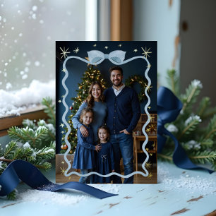Fun Retro Wavy Blue Ribbon & Stars Photo Christmas Foil Holiday Card