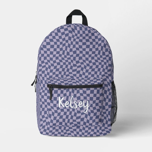 Fun Retro Wavy Check Purple Monogram Name Printed Backpack (Front)