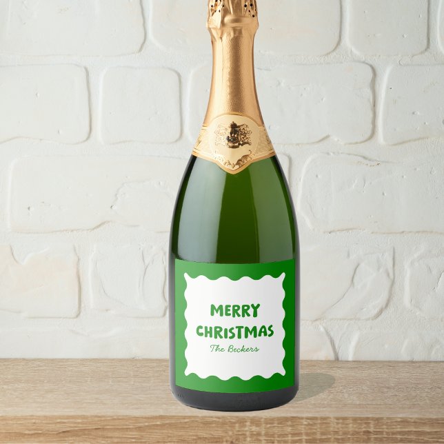 Fun Retro Wavy Green Trendy Custom Chic Christmas Sparkling Wine Label (Creator Uploaded)