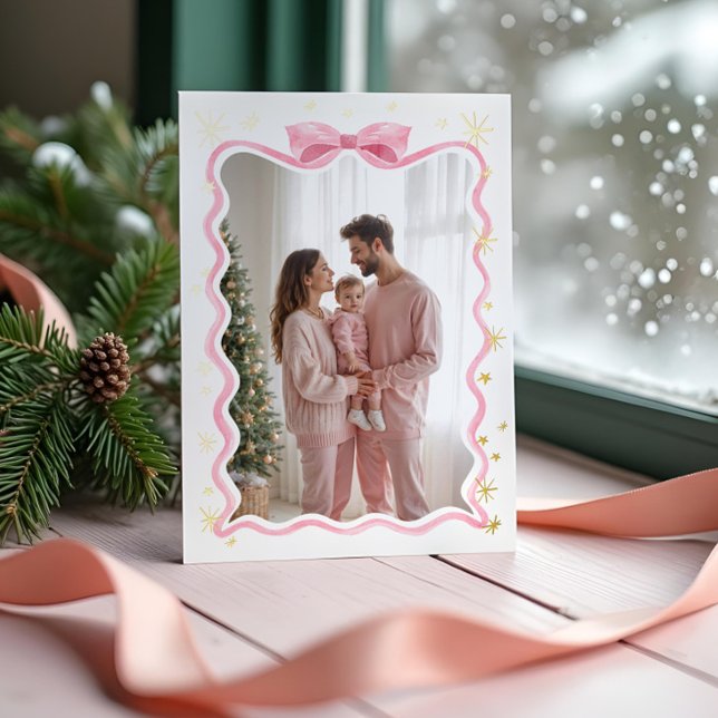 Fun Retro Wavy Pink Ribbon & Stars Photo Christmas Foil Holiday Card (Fun Retro Wavy Pink Ribbon & Stars Photo Christmas Foil Holiday Card)