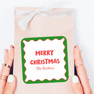 Fun Retro Wavy Red and Green Custom Chic Christmas Square Sticker