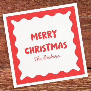 Fun Retro Wavy Red and White Custom Chic Christmas Napkin