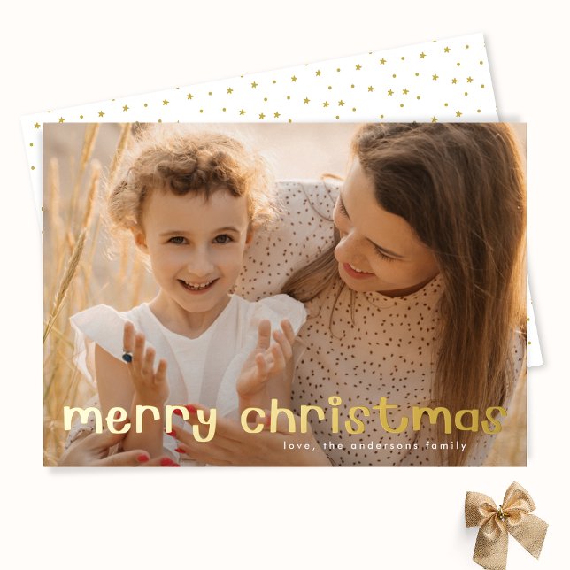 fun retro written script photo Merry Christmas Foil Holiday Card (Creator Uploaded)