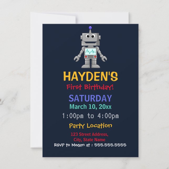 Fun Robot First Birthday Party Invite (Front)