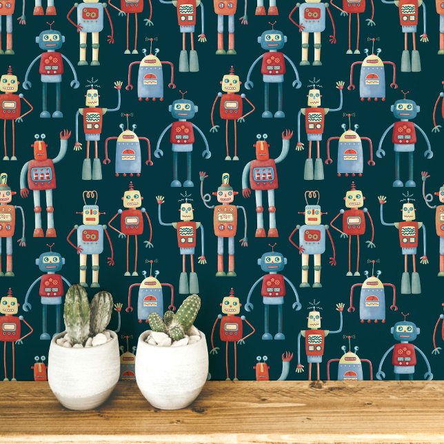 Fun Robot Pattern Teal Green Wallpaper (Creator Uploaded)