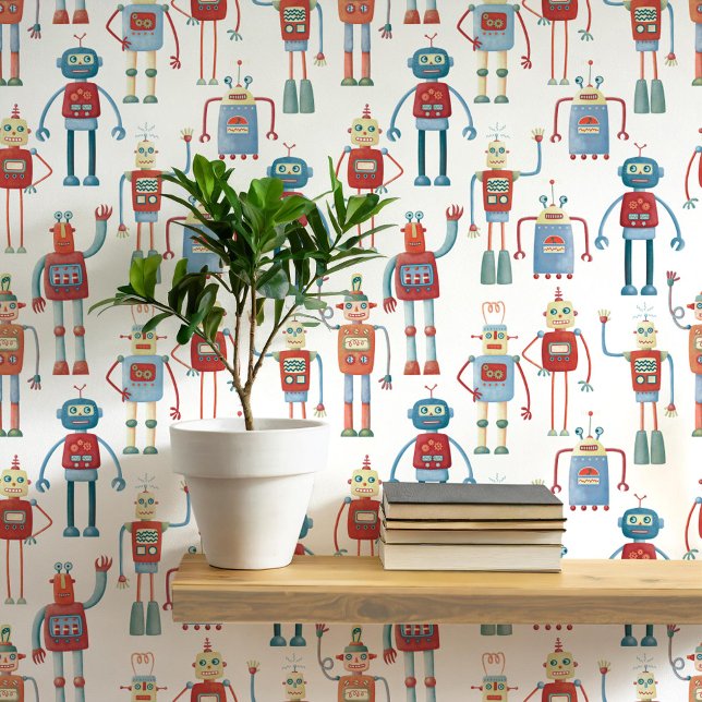 Fun Robot Pattern Wallpaper (Fun robot pattern wallpaper for nursery and kids room decor)
