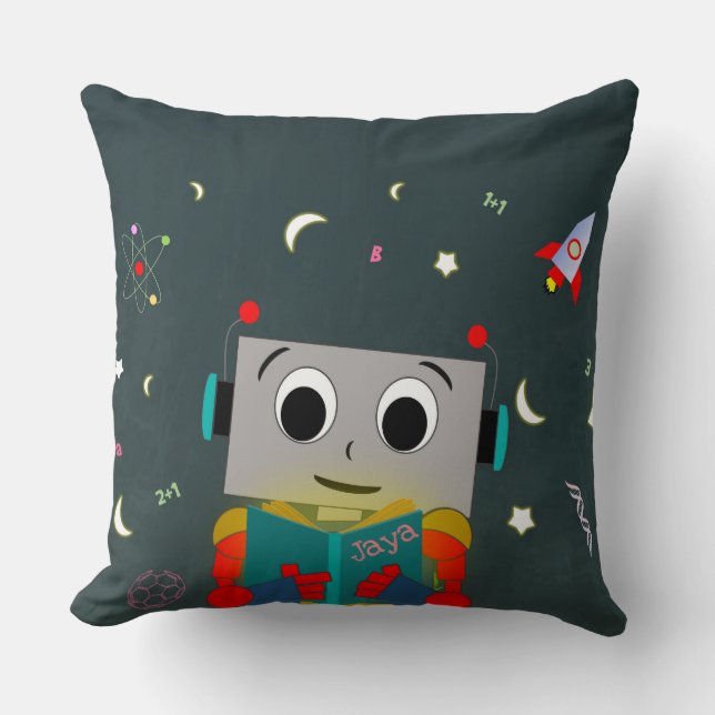 Fun Robot Reading Book With Custom Name Throw Pillow (Front)