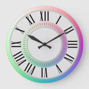 Fun Roman Numerals, Minutes Markers, Rainbow Discs Large Clock
