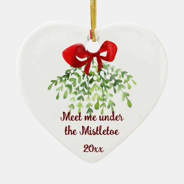 Fun Romantic Meet Under Mistletoe Quote Christmas  Ceramic Ornament (Front)