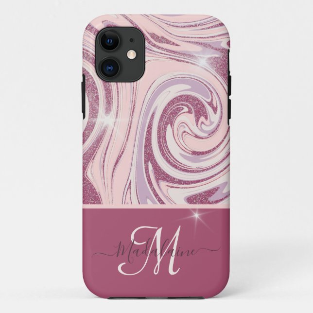 Fun Rose Gold Glitter Monogram iPhone Case (Back)