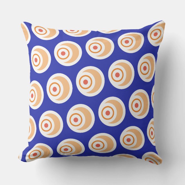 Fun Royal Blue Orange Tiled Concentric Art Pattern Outdoor Pillow (Front)