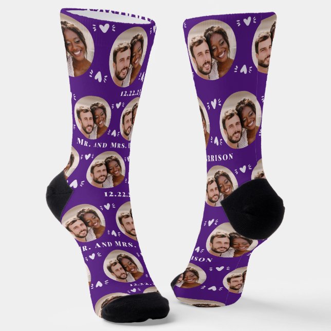 Fun Royal Purple Newlyweds Photo Pattern Socks (Angled)