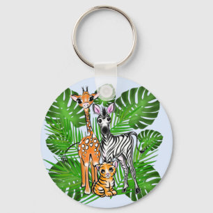 Fun Safari friends giraffe zebra tiger palm leaves Keychain