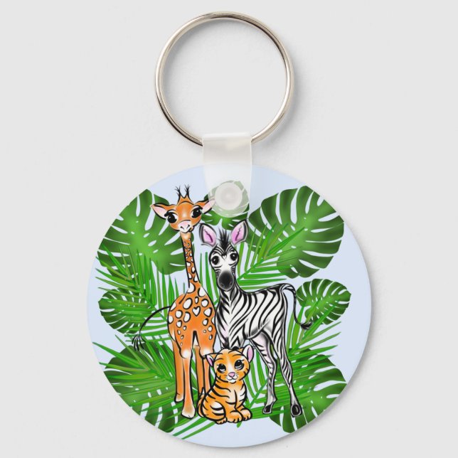 Fun Safari friends giraffe zebra tiger palm leaves Keychain (Front)