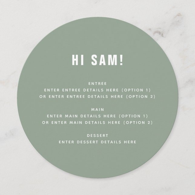 Fun Sage Green Guest Name Place Card Wedding Menu (Front)