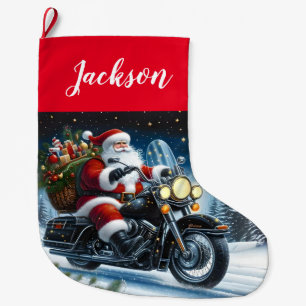 Fun Santa Claus Riding a Motorcycle Large Christmas Stocking