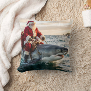 Fun Santa Claus Riding a Shark Throw Pillow