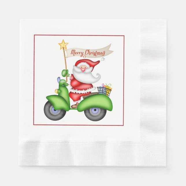 Fun Santa on Scooter Christmas Paper Napkins (Front)