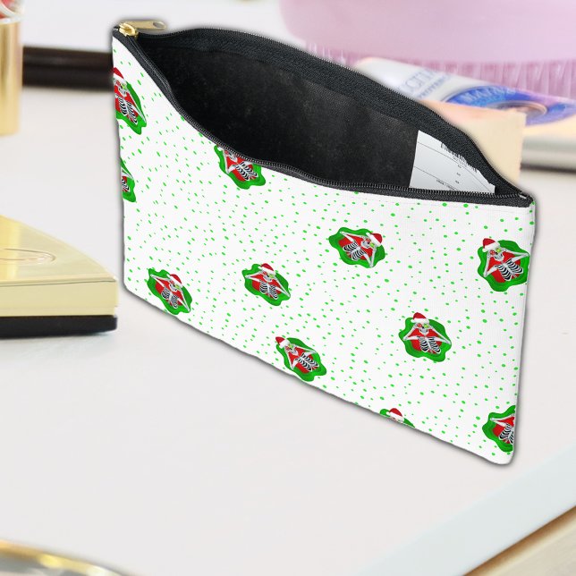 Fun Santa Skeletons in green Red Blob Dots Accessory Pouch (Fun Christmas skeletons in green red blob in hat with ornaments green dots cosmetic or toiletry bag.)