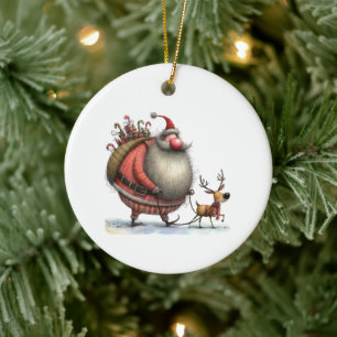 Fun Santa with a Reindeer and Gifts Customized Ceramic Ornament