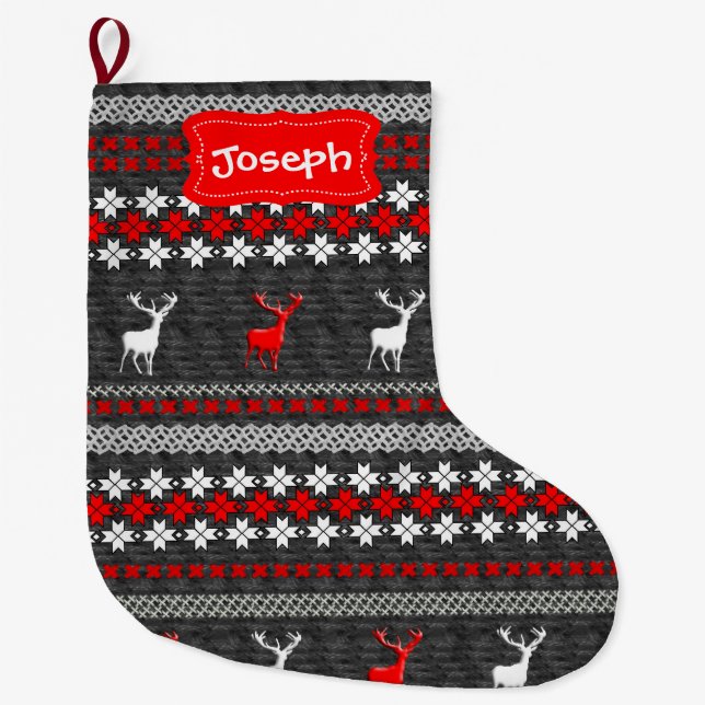 Fun Scandinavian Deer Festive Pattern Large Christmas Stocking (Front)