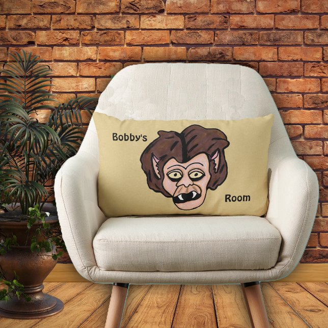 Fun Scary Cartoon Werewolf Fangs Brown Hair Lumbar Pillow (Funny werewolf face brown hair and fangs on tan home decor for kids room pillow.)