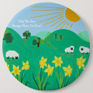 fun scenic illustration of cute sheep 6 inch round button