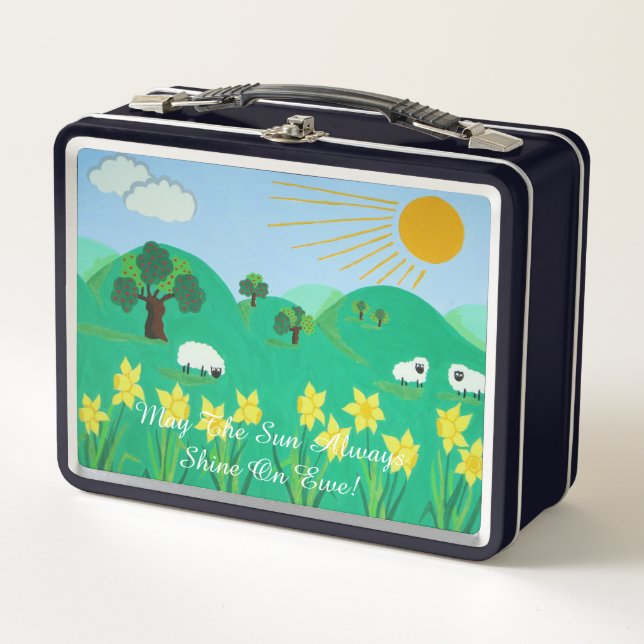 fun scenic illustration of cute sheep metal lunch box (Front)