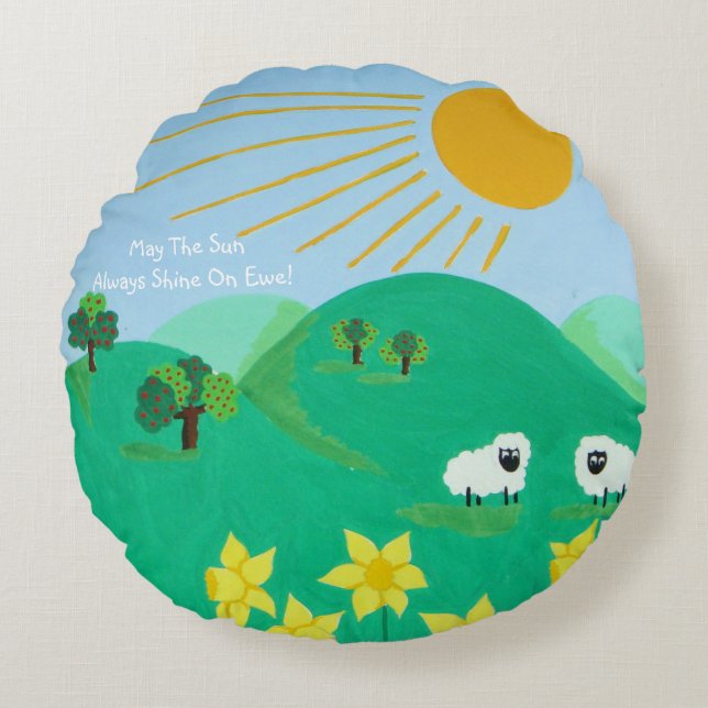 fun scenic illustration of cute sheep round pillow (Front)