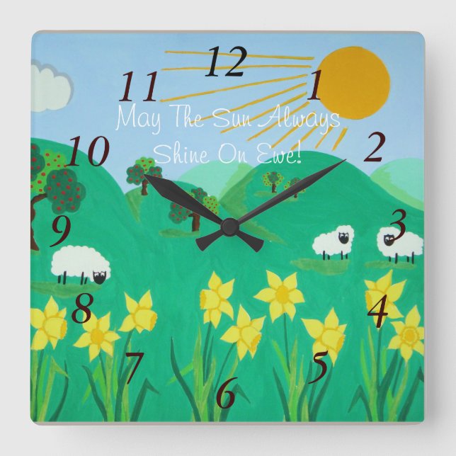 fun scenic illustration of cute sheep square wall clock (Front)