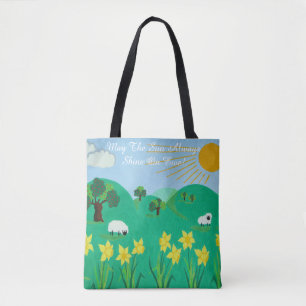 fun scenic illustration of cute sheep tote bag